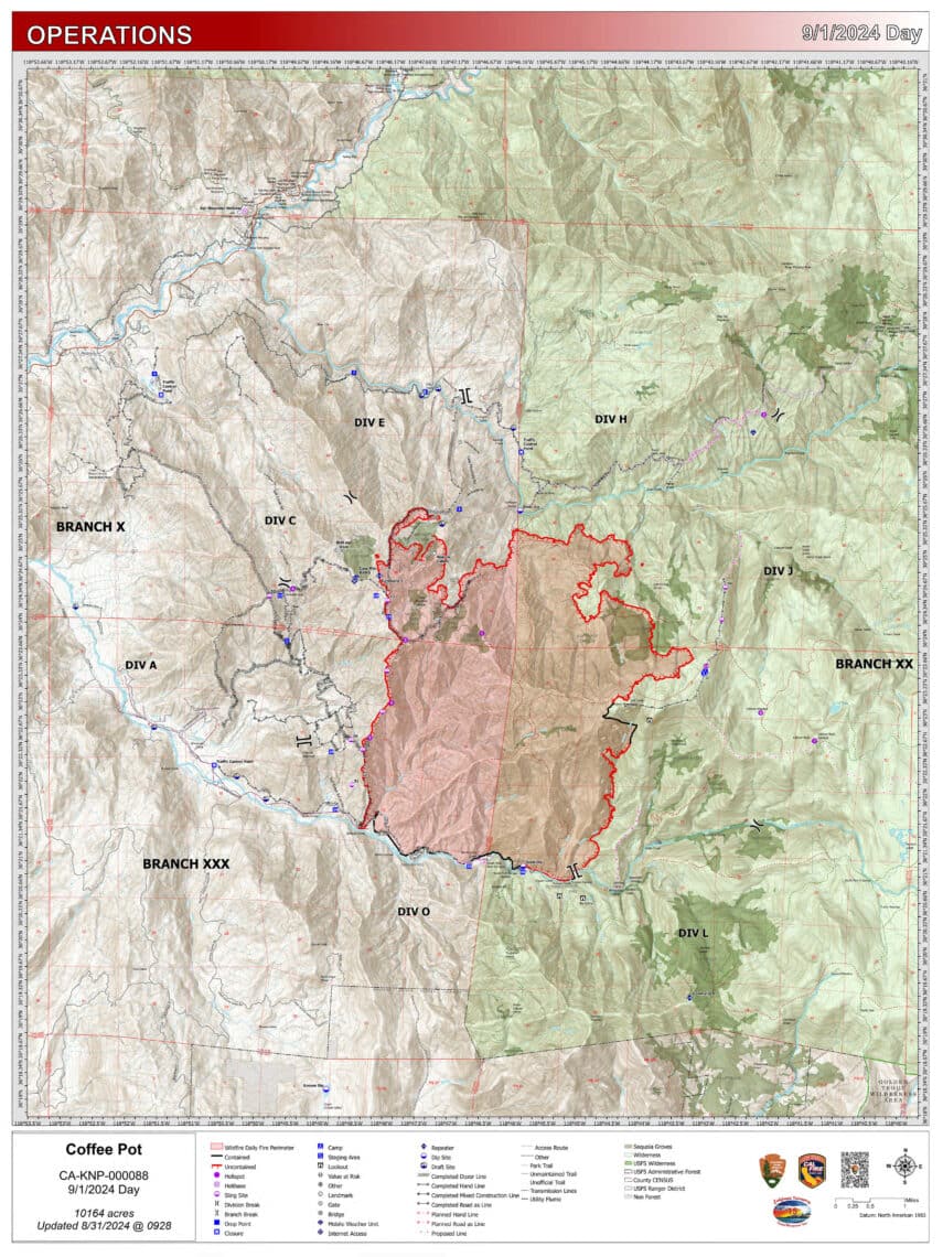 Overhead of a map showing acreage burned by the Coffee Pot Fire in red