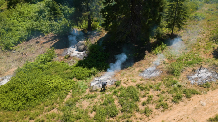 Overhead view of a few firefighters watching smoldering burn piles in green scrub in the shadow of tall trees.